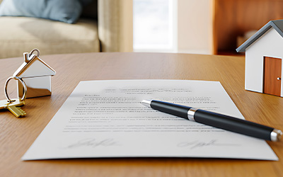 Document with a pen and model house on a wooden table.