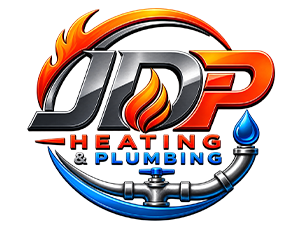 JDP Heating and Plumbing logo featuring flames and a water droplet with a pipe.